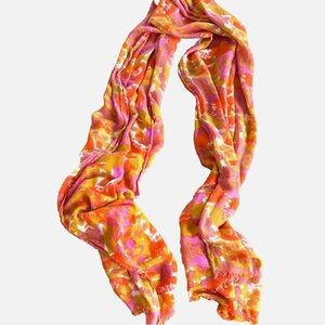 J.Crew Pink Orange Floral Fringe Scarf Lightweight Wrap